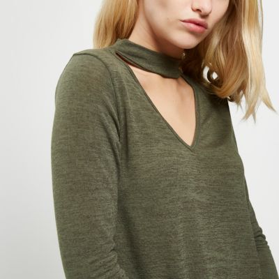 Khaki green knit choker top